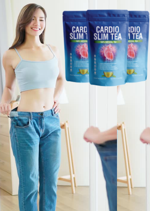 Real Cardio Slim Tea user showing weight loss results with loose jeans